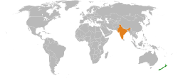 Map indicating locations of New Zealand and India