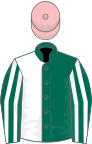 Dark green and white (halved), striped sleeves, pink cap