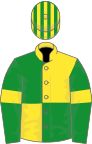 Yellow and green (quartered), green sleeves, yellow armlets, striped cap