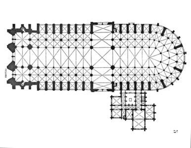 Plan of the cathedral made by Eugène Viollet-le-Duc in the 19th century. Portals and nave to the left, a choir in the center, and apse and ambulatory to the right. The annex to the south is the sacristy.