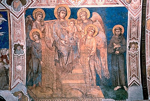 Maestà; thronende Jungfrau Maria mit Engeln und dem hl. Franziskus; Fresko in der Basilika von Assisi