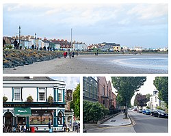 Clockwise from top: Sandymount Strand; a residential street in Sandymount; Ryan's Sandymount House pub