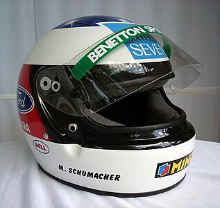 Helmet for the 1994 season (Benetton); Schumacher used the Bell Sports helmet for nine years in Formula One, from the Canadian Grand Prix to the Australian Grand Prix.
