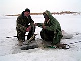 Ice fishing on Syr-Darya river, Qyzylorda, Kazakhstan