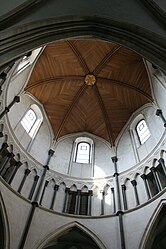 Interlaced semicircular arches supported by Purbeck Marble shafts in the Temple Church, London