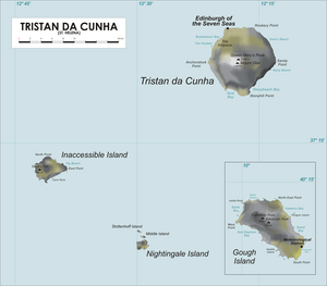 Map showing Inaccessible Island near Tristan da Cunha and Nightingale Islands