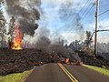 Lava from a fissure slowly advanced to the northeast on Hoʻokāpu Street in Leilani Estates subdivision (May 5, 2018)