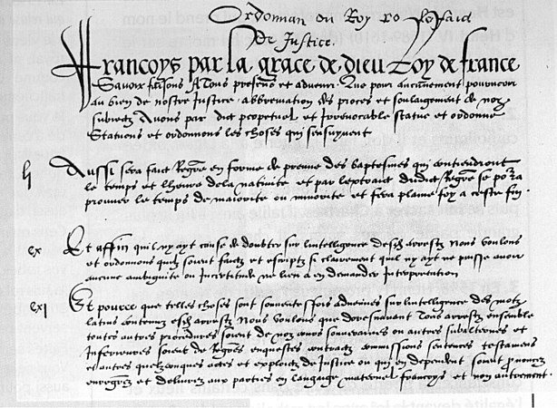 The first manuscript page of the Ordinance of Villers-Cotterêts, 1539