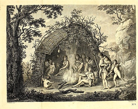 A View of the Indians of Tierra del Fuego in their hut, engraving by Francesco Bartolozzi after a drawing by Giovanni Battista Cipriani