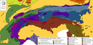 Nördlichen Kalkalpen und Grauwackenzone hier hellblau markiert (Ostalpines Mesozoikum)