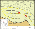 Verlauf der Indus-Yarlung suture zone zwischen dem Lhasa-Terran und dem Nordrand der heutigen Indischen Platte