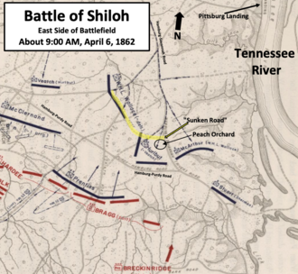 Map showing Sunken Road, Peach Orchard, Pittsburg Landing, Tennessee River, and troop positions