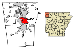 Location of Springdale in Benton County and Washington County, Arkansas.