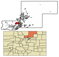 Location of the City of Longmont in Boulder and Weld counties, Colorado
