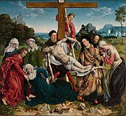 Descent from the Cross, Rogier van der Weyden's figures (Prado), given a landscape background.[19]