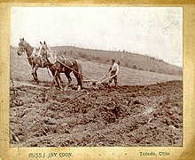 Farmer plowing with two horses, 1890s