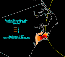 Map of rainfall totals from Gabrielle. The map is focused on North Carolina.