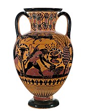 A vase painted in black-figure style, depicting a standing man who pierces a lying man with a sword