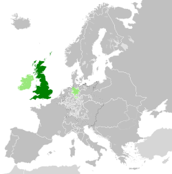 Map of Great Britain (dark green), Ireland and Hanover (light green) in 1789