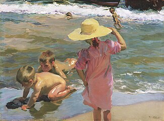 Children on the Seashore, 1903. In the upper right corner, Sorolla has included an oblique reference to another favorite theme, oxen pulling fishing boats in to shore. Philadelphia Museum of Art.
