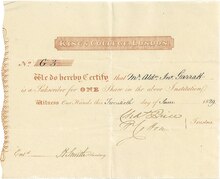 King's College of London subscription certificate for one share to the value of £100, issued 20 June 1829, registered to Alderman Garratt, 1824 Lord Mayor of the City of London
