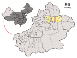 Location of Jimsar County (pink) in Changji Prefecture (yellow) and Xinjiang (light grey)