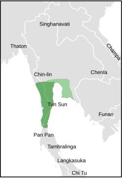 Territory of Tun Sun (1st-6th centuries CE) and the neighbors. Dark Green: Territory before gaining independence from Funan, proposed by Lawrence Palmer Briggs in 1950;[2]: 260  Light Green: As Lang-chia, territory expanded after gaining independence, proposed by George Cœdès in 1924[2]: 269 