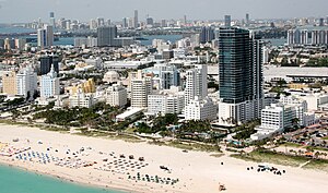 The southern portion of Miami Beach, known as South Beach (foreground), and Downtown Miami (background) in April 2006