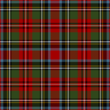 Tartan dominated by red, azure and olive green, with fairly thick black lines and thin over-checks of white, black, and yellow