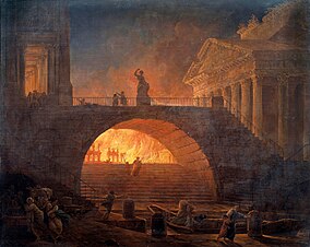 A depiction of the fire burning through the city.