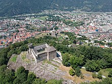 Aerial view of the Castles of Bellinzona from Sasso Corbaro
