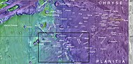 Map showing relative positions of a number of features in and near Chryse Planitia, including Vedra Valles, Maumee Valles, and Maja Valles. Box indicates where these valleys can be found. The Viking 1 landing site is indicated. Colors show elevation.