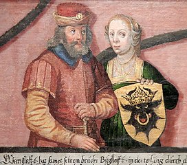 Wartislaw VI (1345–1394), 1st Duke of Pomerania-Barth, with his wife Anne of Mecklenburg-Stargard (on the family tree of the House of Griffins, drawn by Cornelius Krommeny (1598)