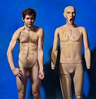 Inner Rage (self-portrait with dummy), oil painting on canvas, 150x150 cm, 1999-2000