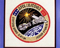 One of the hand-stitched patches for the Apollo–Soyuz mission, created by members of the American Needlepoint Guild.