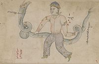 Ophiuchus in a manuscript copy of Azophi's Uranometry, 18th century copy of a manuscript prepared for Ulugh Beg in 1417 (note that as in all pre-modern star charts, the constellation is mirrored, with Serpens Caput on the left and Serpens Cauda on the right).