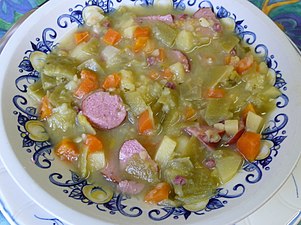 Bouneschlupp is a traditional Luxembourgish green bean soup with potatoes, bacon, and onions.