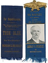both sides of a blue ribbon with Bulkeley's photo and an inscription boosting him as William McKinley's vice presidential running mate