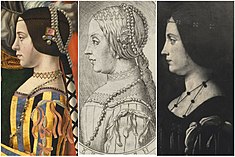 In Carracci's engraving, the clothing and jewels are taken from the Pala Sforzesca, but the expression is more similar to the alleged portrait of Predis.