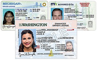 Sample enhanced driver license issued by the state of Washington. The U.S. flag appears near the photo.