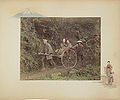 Jinriki, 1886. Hand-coloured albumen print on a decorated album page. A rickshaw driver, two passengers and a bearer.