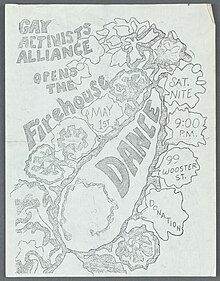 Flier reads, "Gay Activists Alliance Opens the Firehouse Dance: May 1st. Sat. Nite. 9:00 P.M. 99 Wooster St. Donation."