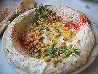Hummus with pine nuts at the Maxim restaurant in Haifa, Israel.