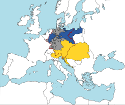 The German Confederation in 1820. The two major powers - the Austrian Empire (yellow) and the Kingdom of Prussia (blue) - were not entirely within the confederation's borders (red)