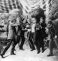 A sketch of Czolgosz shooting McKinley