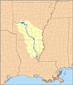 Map of the Ouachita River watershed. The Ouachita joins the Tensas River near Jonesville, Louisiana to form the Black River (Louisiana).