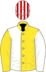 Yellow and White (halved), sleeves reversed, Red and White striped cap