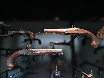 A pair of Gill and Knubley flintlock duelling pistols, circa 1790, possibly owned by Lt Col William Hulme. Auckland Museum