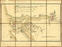 A 1778 French military map showing the positions of generals Lafayette and Sullivan around Narragansett Bay on 30 August during the Rhode Island campaign.