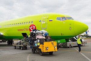 Photograph of luggage being unloaded from an airplane at the airport